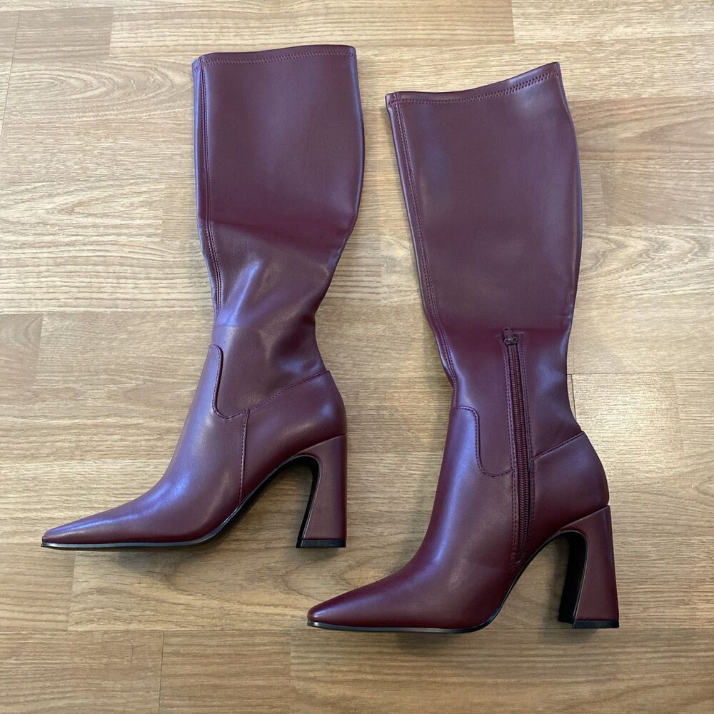 Steve Madden Womens Lamarca Knee High Block-Heel Stretch Boots Burgundy 5.5 New